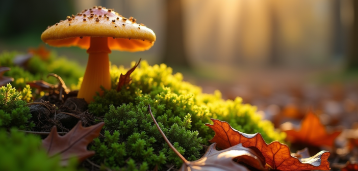 Champignon faux chantarelle sur sol forestier lumineux