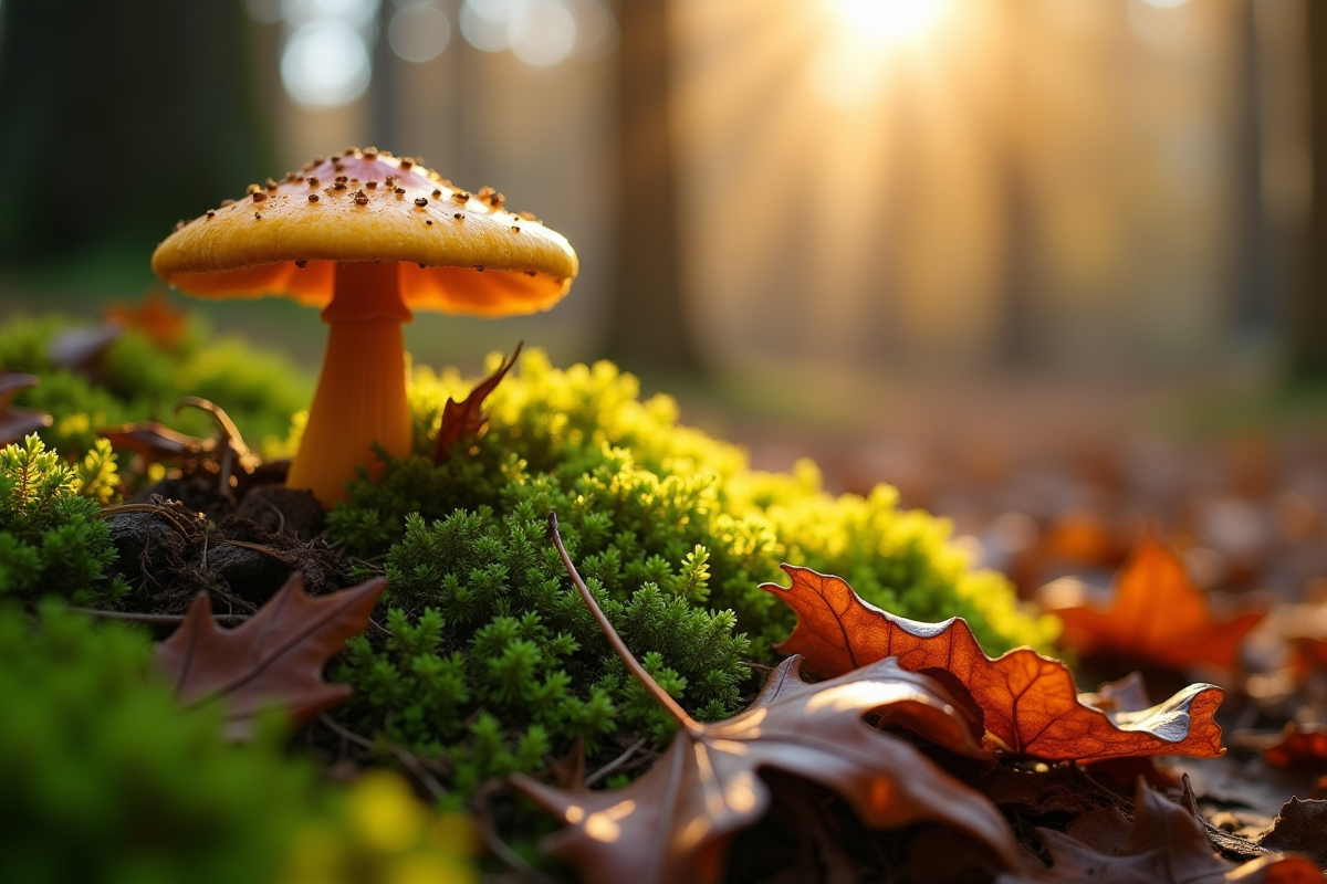 Champignon faux chantarelle sur sol forestier lumineux