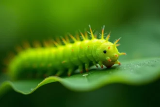 Chenille verte fluo sur une feuille verte dans un jardin naturel, vue macro détaillée de sa texture et ses segments