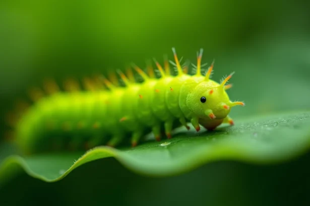 Chenille verte fluo sur une feuille verte dans un jardin naturel, vue macro détaillée de sa texture et ses segments