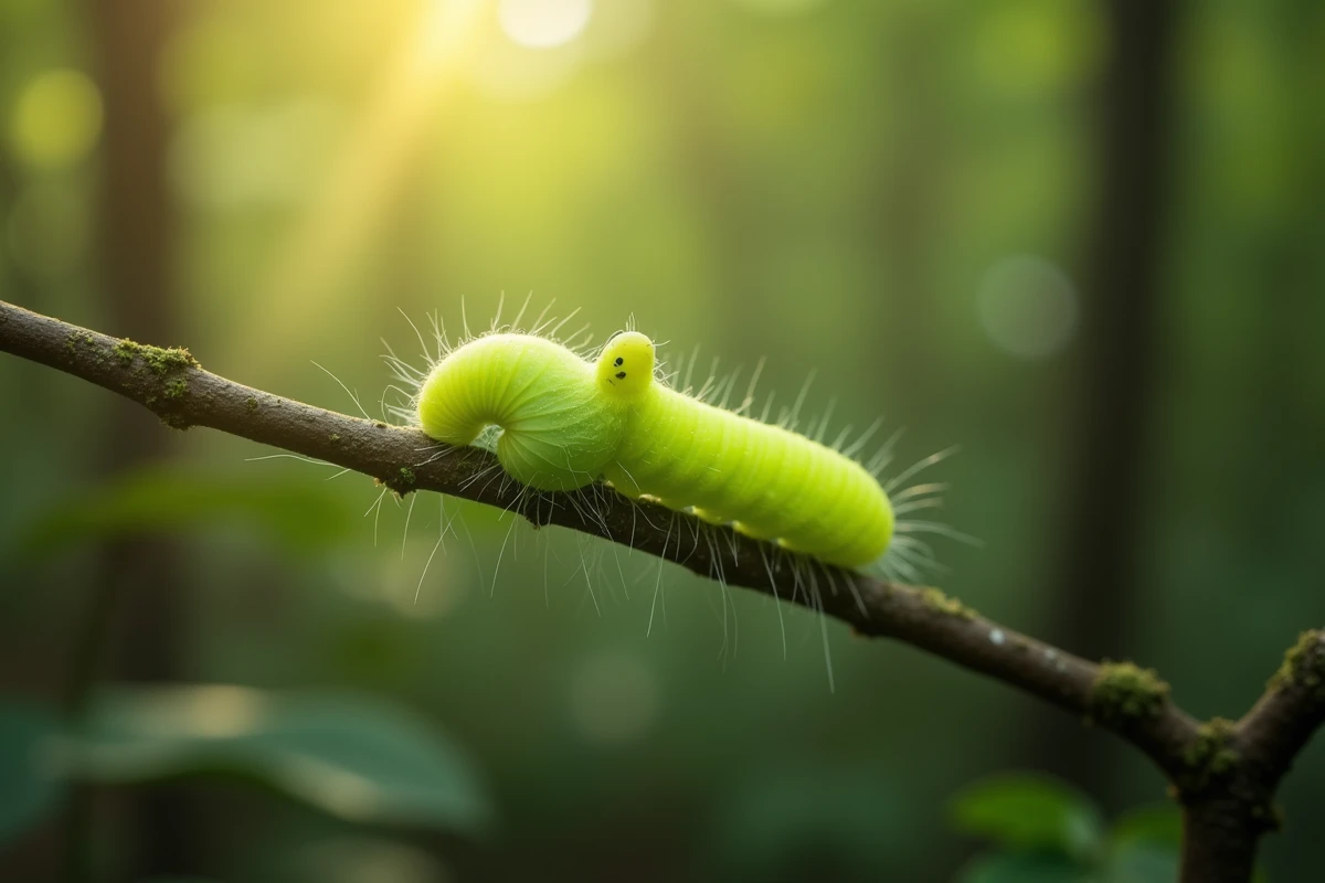 Chenille verte en train de se transformer en chrysalide sur une branche d'arbre, étape de métamorphose dans un cadre forestier