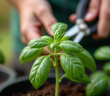 Mains coupant une tige de basilic pour propagation