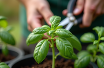 Mains coupant une tige de basilic pour propagation