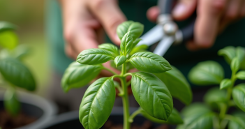 Mains coupant une tige de basilic pour propagation