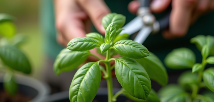 Mains coupant une tige de basilic pour propagation