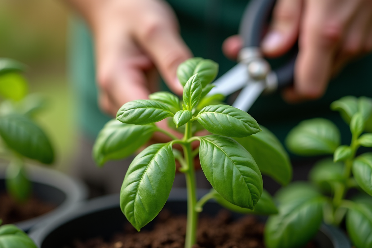 Mains coupant une tige de basilic pour propagation