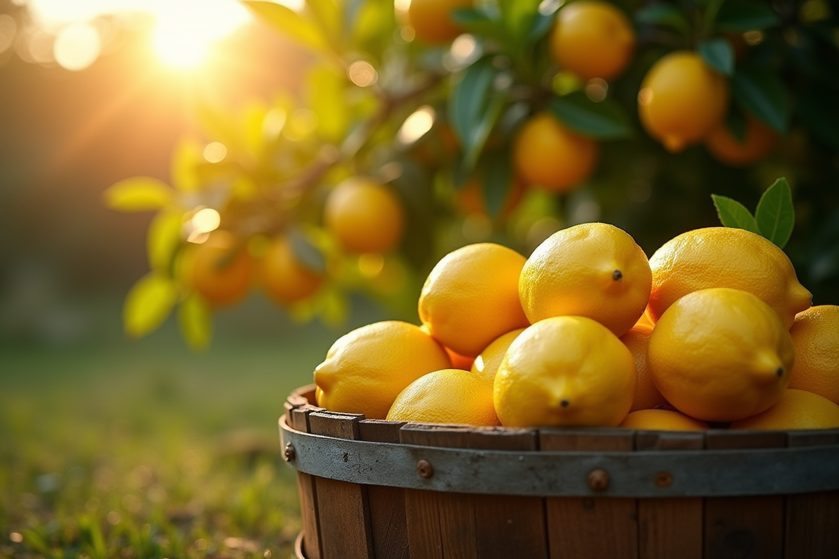 Citrons frais dans un panier en bois à la lumière dorée