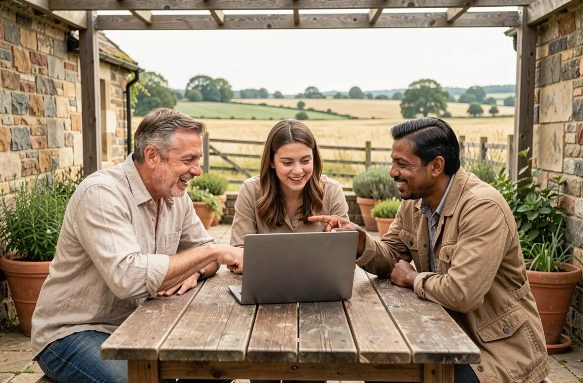 Communauté d'agriculteurs partageant des ressources en ligne sur la transition agroécologique lors d'un atelier en plein air