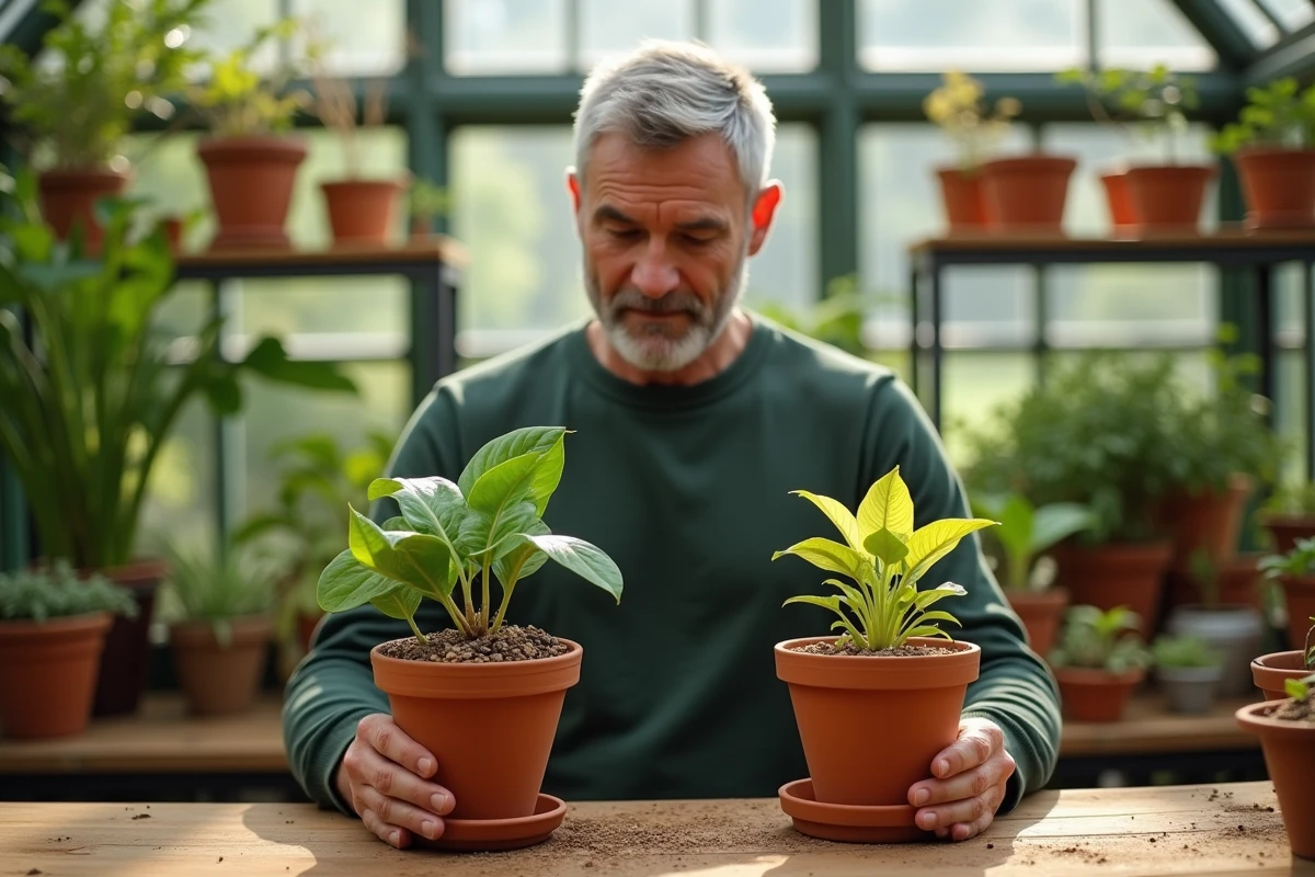 Homme comparant deux pots de plantes d'intérieur côte à côte, l'un avec des billes d'argile saines et l'autre avec des billes sèches et une plante jaunissante dans une véranda lumineuse