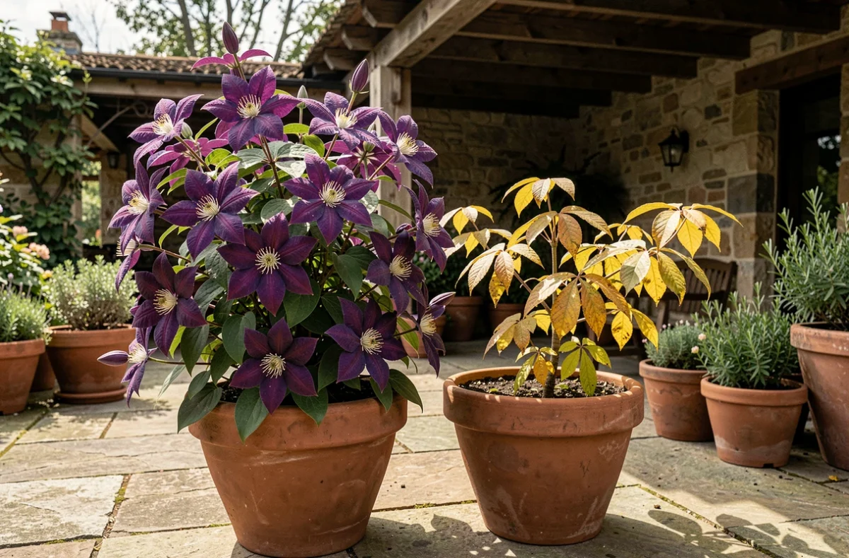 Comparaison de deux clématites en pot, l'une en pleine floraison et l'autre sans fleurs par manque d'exposition lumineuse