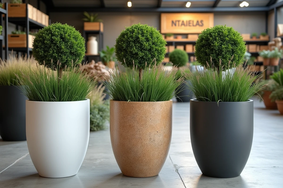 Comparaison de grands pots extérieurs 100 cm en plastique, fibre de pierre et résine en jardinerie