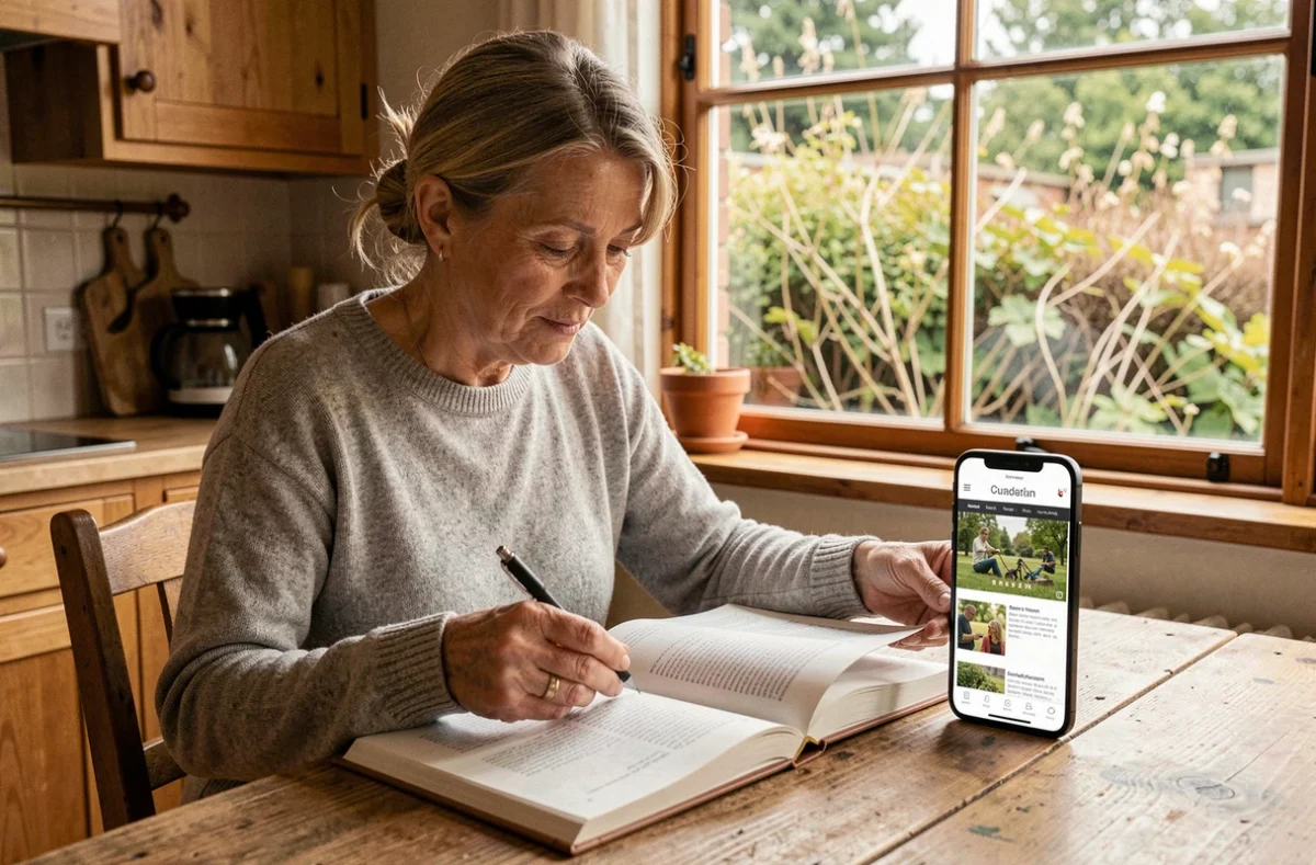 Femme comparant des livres d'élagage à table avant de contacter un professionnel