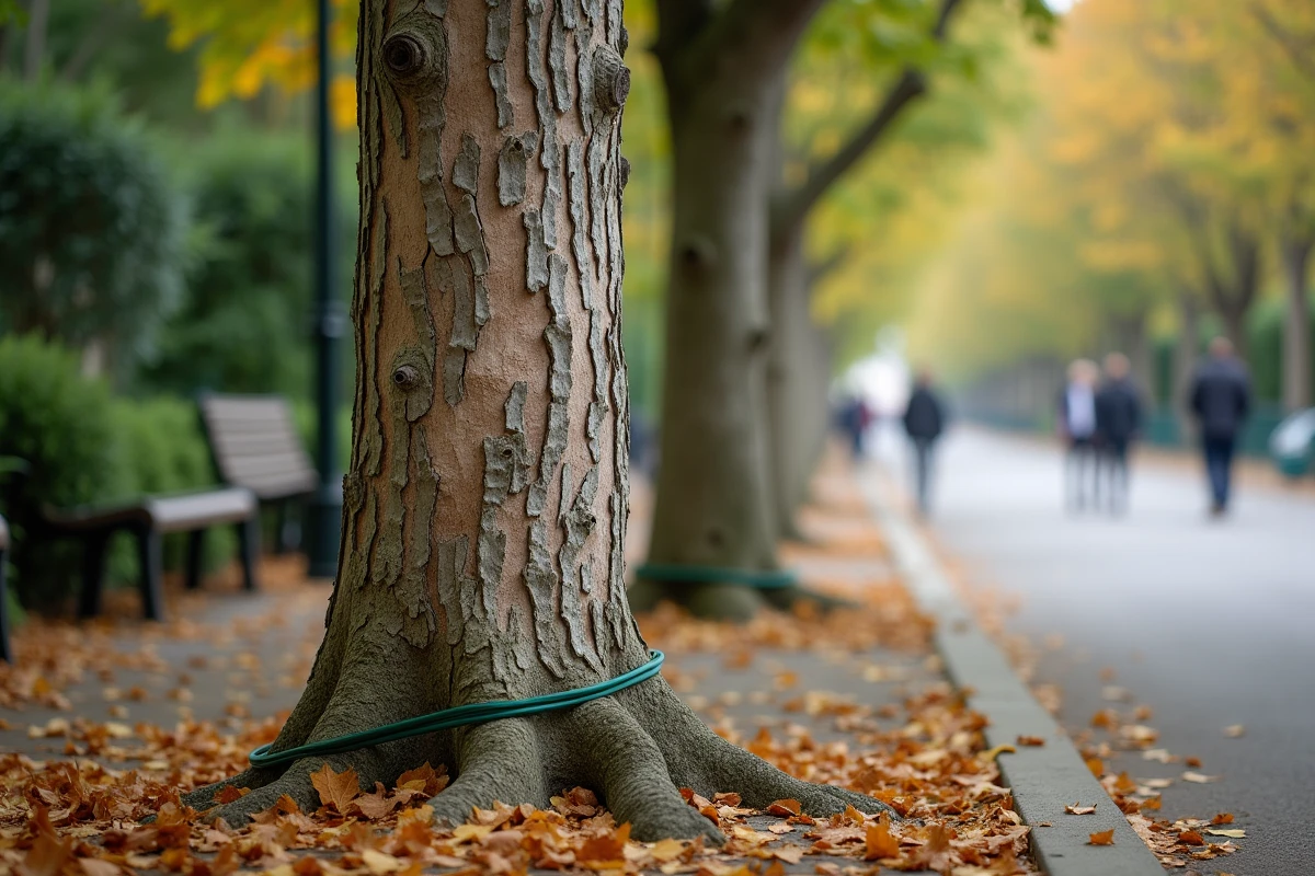 Comparaison entre un mûrier platane atteint de maladie et un jeune arbre de remplacement sain en allée urbaine