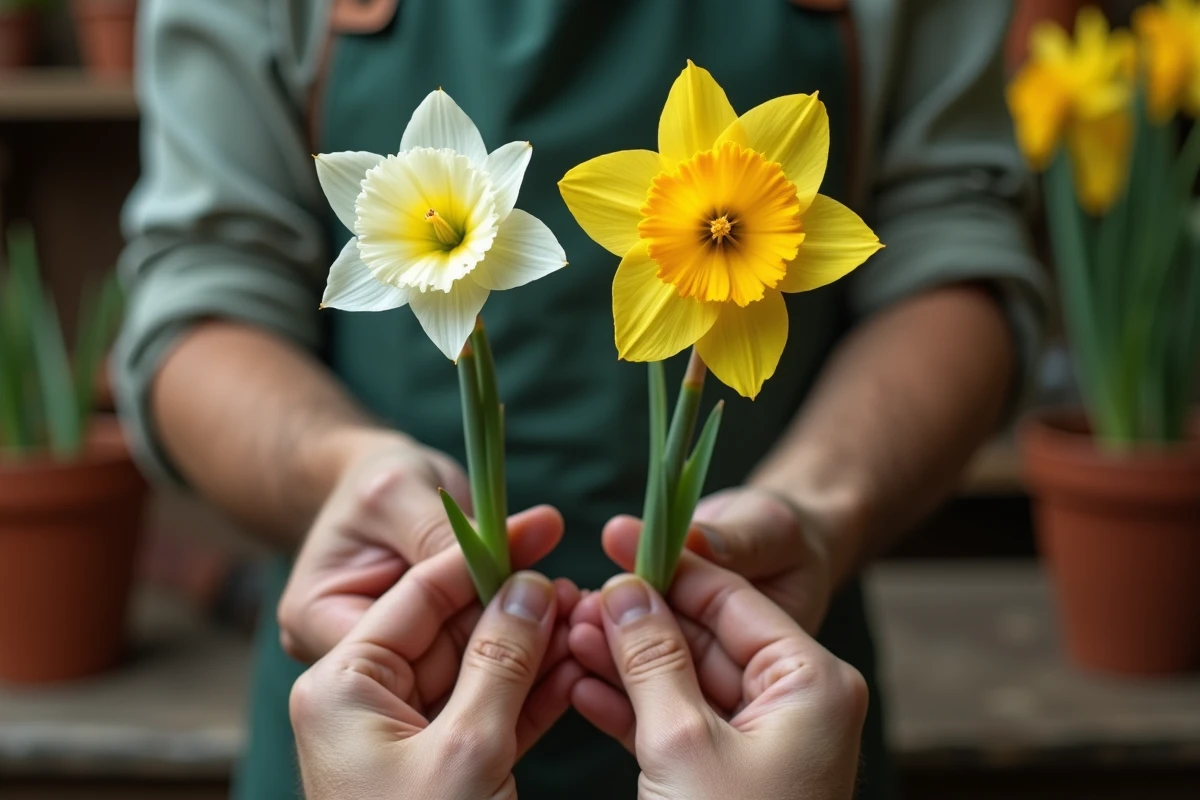 Comparaison botanique en gros plan d'une tige de narcisse à petite coupe et d'une jonquille à grande trompette tenue par des mains de jardinier