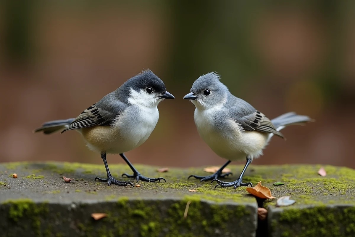 Comparaison de deux petits oiseaux gris et blanc côte à côte sur un mur de pierre moussu en forêt