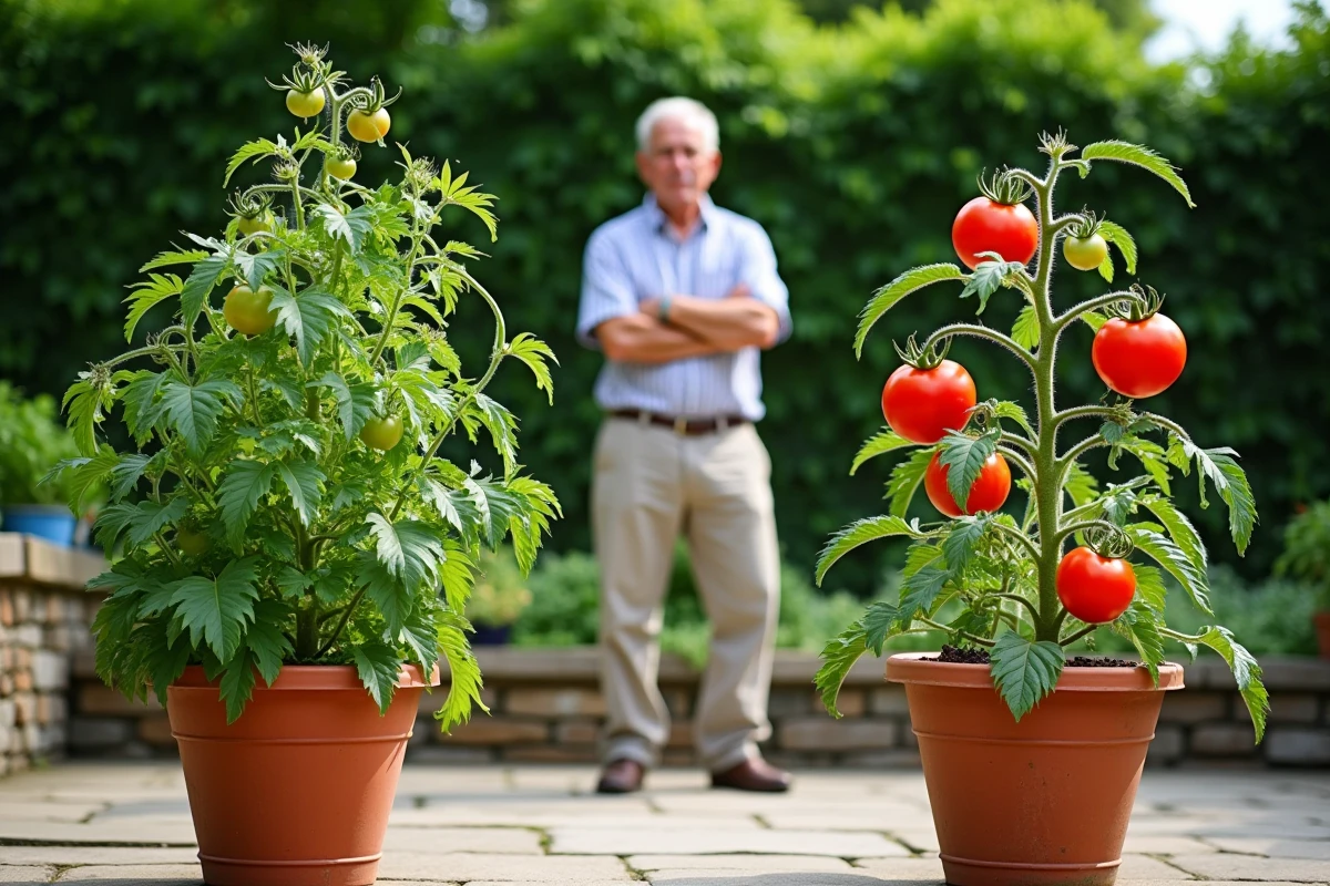 Comparaison entre un plant de tomate avec gourmands et un plant taillé portant de gros fruits rouges