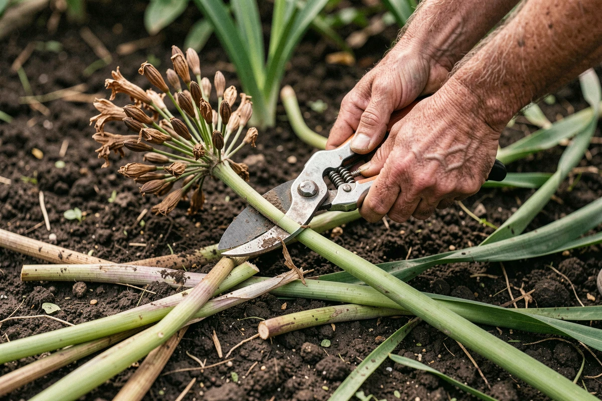 Gros plan de mains masculines utilisant un sécateur pour couper les tiges sèches d'un agapanthe au ras du sol dans un parterre de jardin