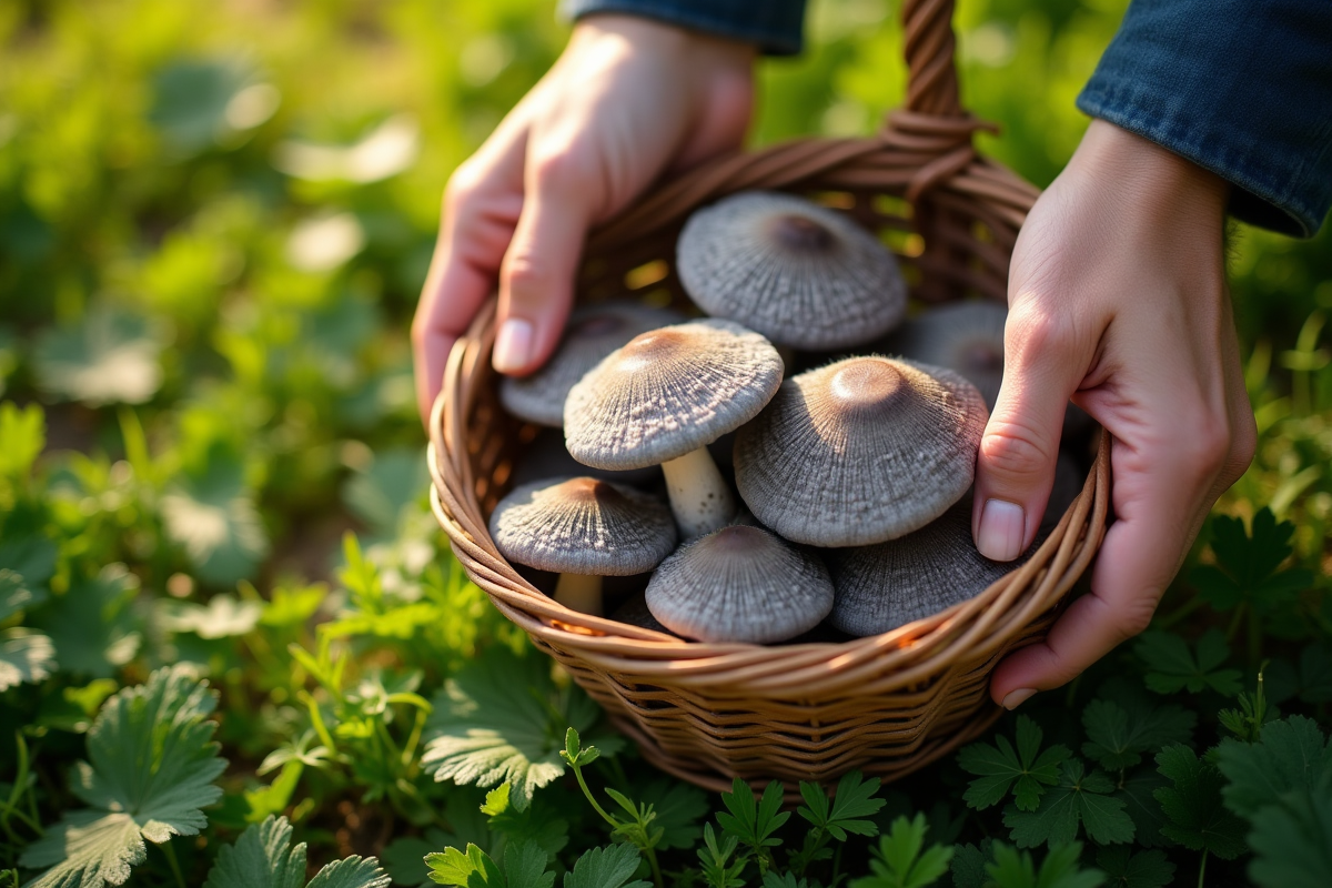 Mains de jardinier plaçant des chanterelles dans un panier