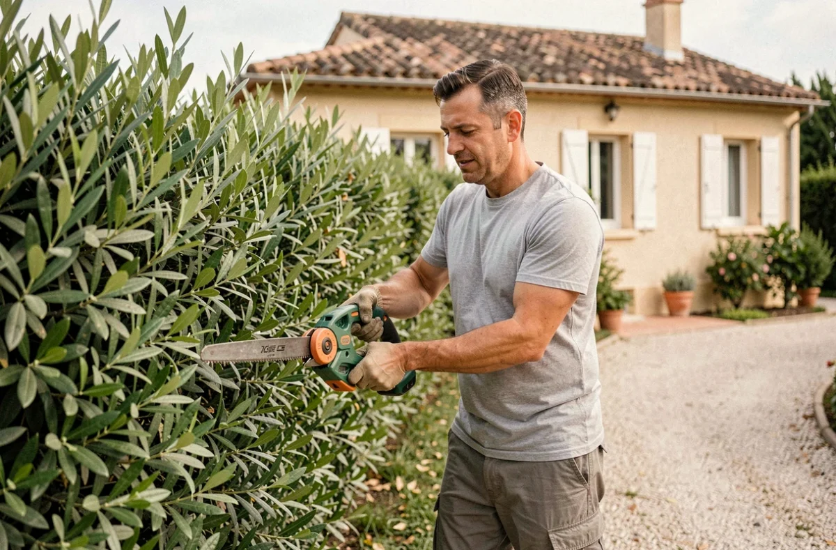 Un prestataire multiservice taille une haie méditerranéenne dans un jardin pavillonnaire des Pyrénées-Orientales