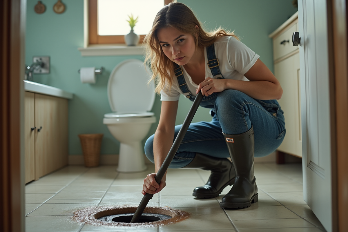 Jeune femme débouchant un drain de salle de bain