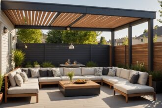 pergola bioclimatique installée dans un jardin moderne et esthétique