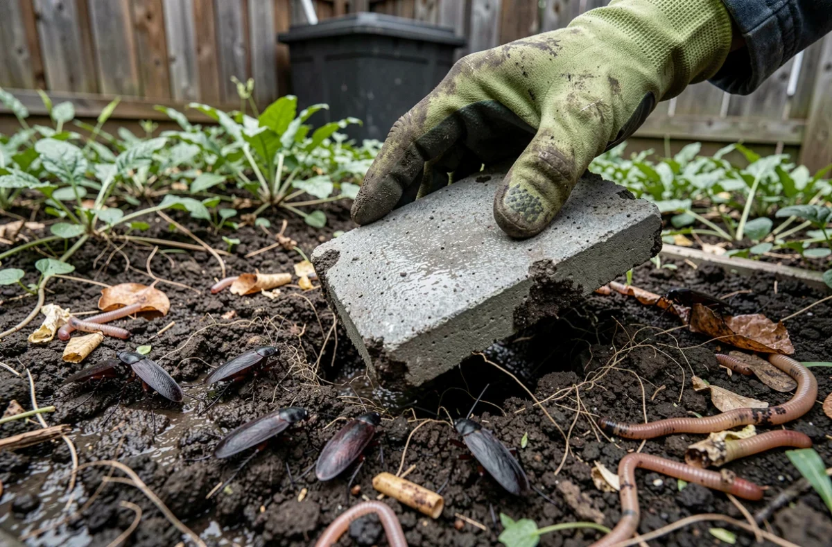 Main gantée soulevant une dalle de jardin révélant des cafards noirs qui fuient dans le sol humide et sombre