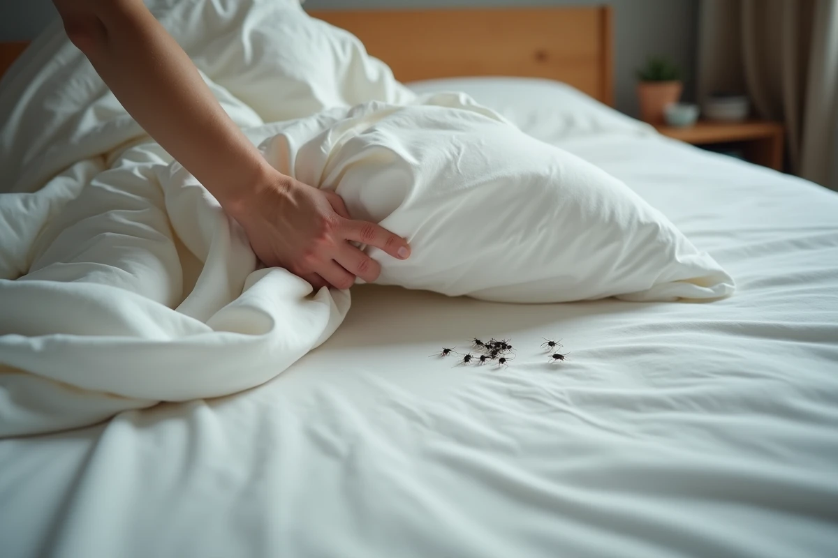 Main soulevant un drap de lit révélant de petits insectes noirs sur le matelas