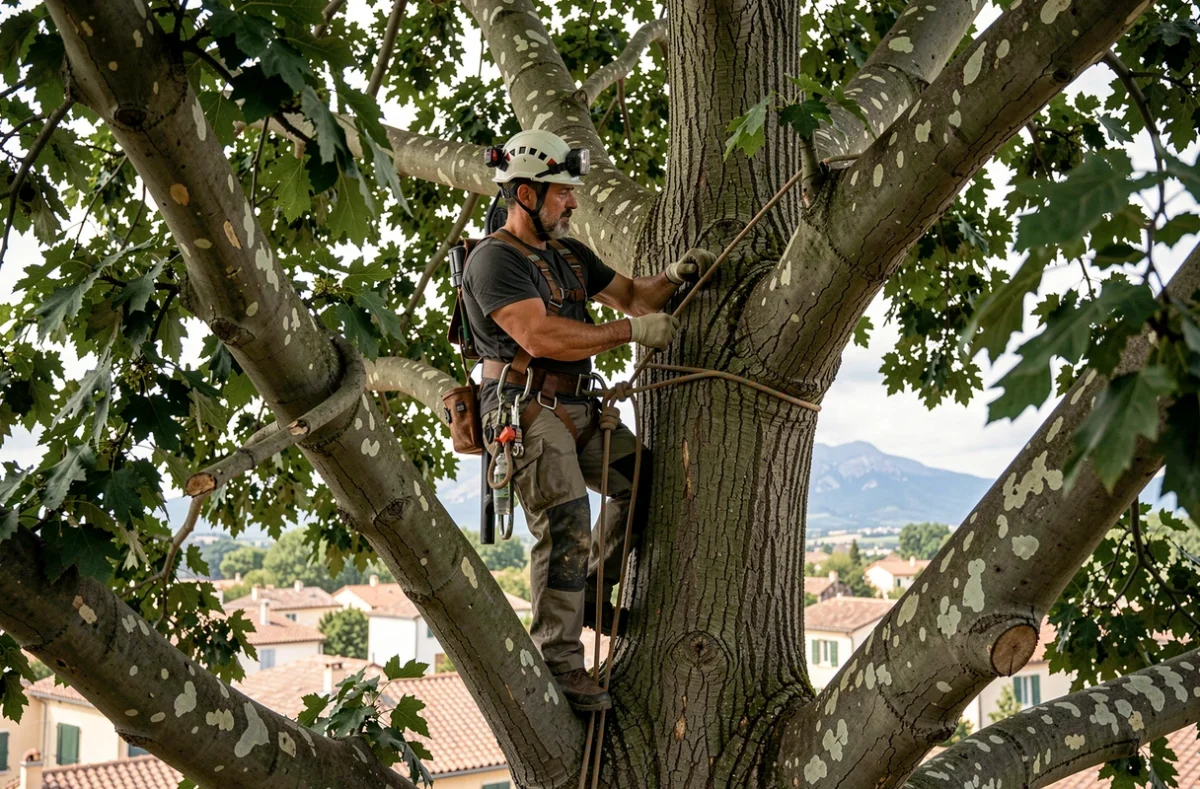 Élagueur de Demestre Élagage sécurisé dans un platane avec harnais et équipement professionnel dans les Pyrénées-Orientales