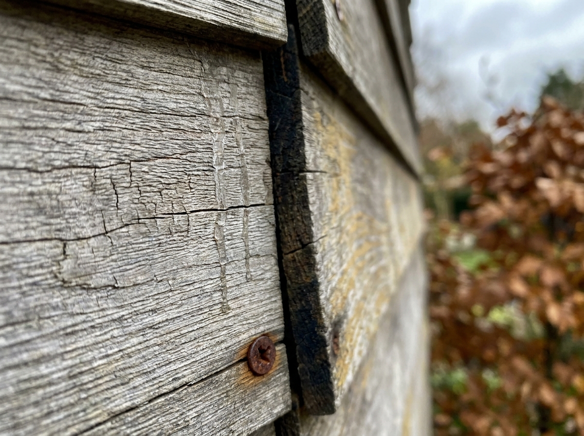 Détail macro d'un bardage en bois montrant des microfissures et une oxydation de surface après le premier hiver