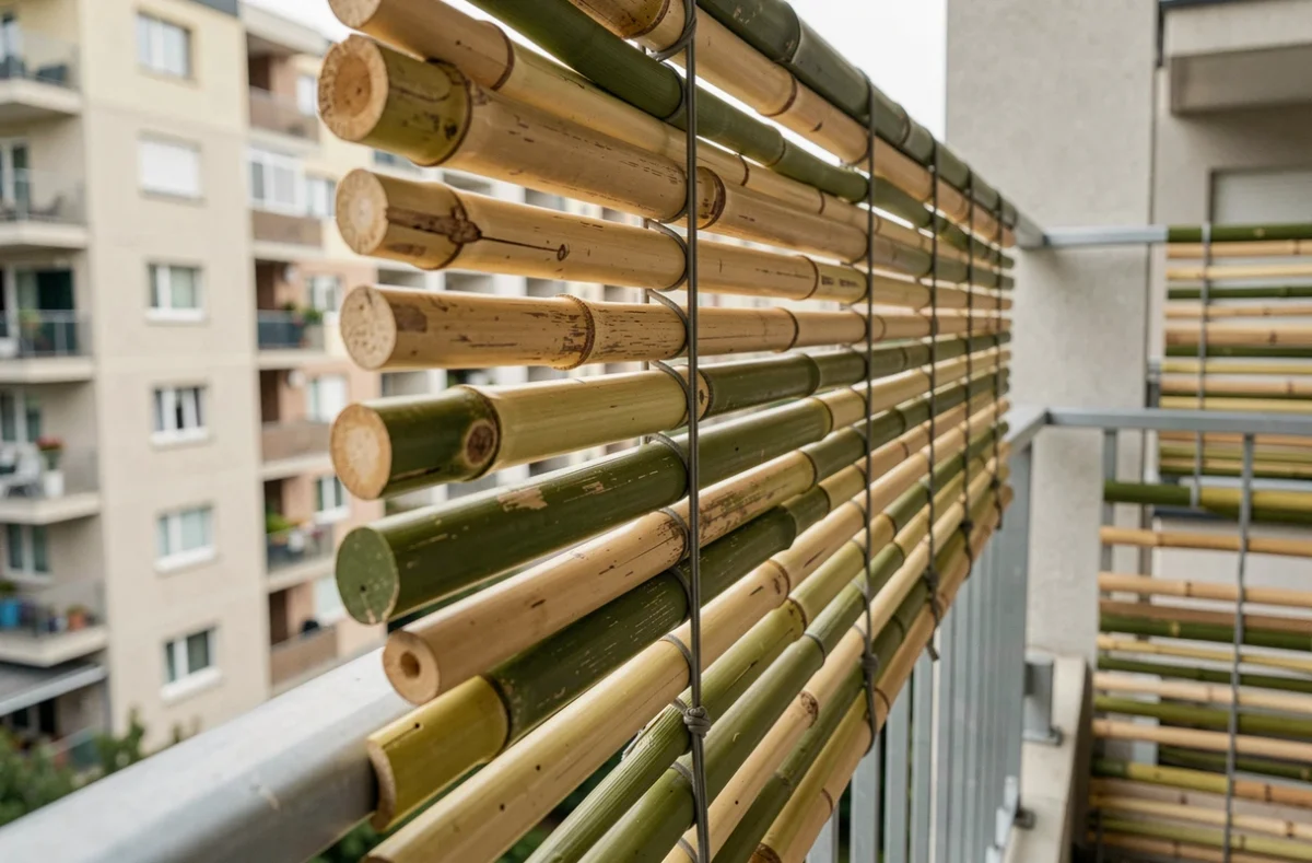 Détail rapproché d'un panneau brise-vue en cannes de bambou naturel fixé sur un garde-corps de balcon en milieu urbain
