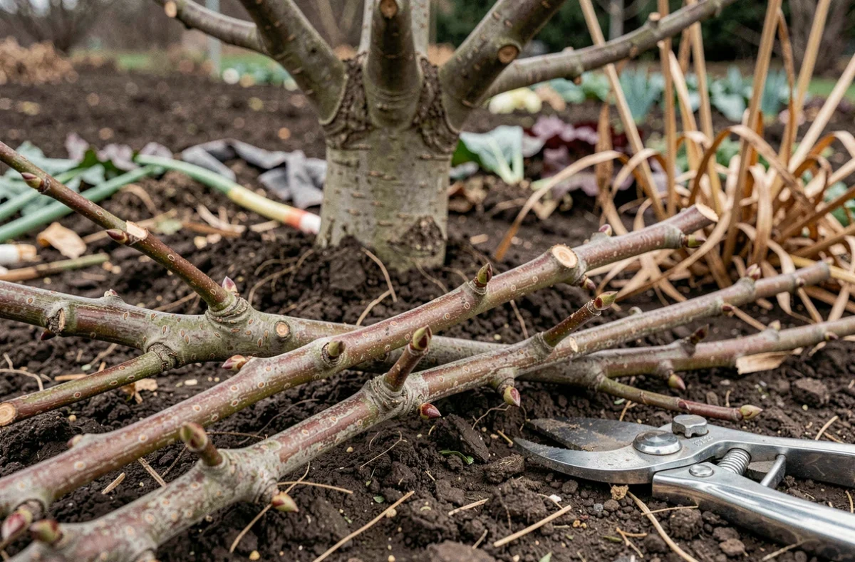 Gros plan sur des rameaux de pêcher de vigne taillés avec un sécateur posé sur le sol du potager