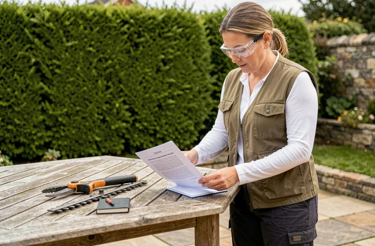 Auto-entrepreneuse jardinière consultant un devis de taille de haie sur une terrasse pavée avec des outils de jardinage posés à côté