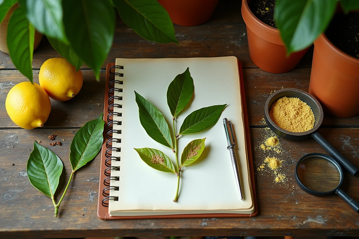 Flat lay feuilles de citronnier malades taches brunes loupe et carnet de diagnostic sur table de rempotage