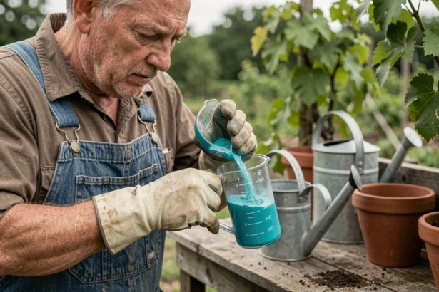 Jardinier mesurant la dose de bouillie bordelaise dans un verre doseur gradué sur une table de jardinage en bois