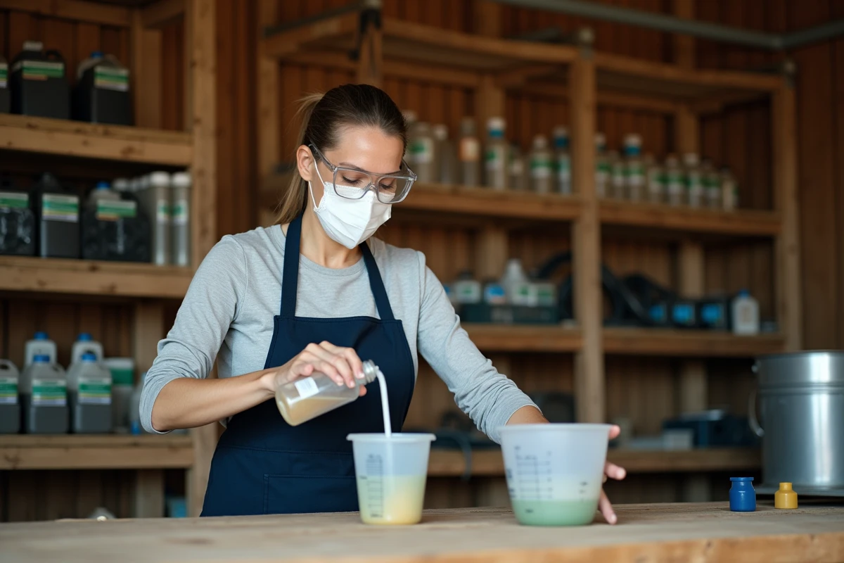 Femme dosant précisément un herbicide glyphosate 360g/l dans un local de stockage agricole avec équipements de protection