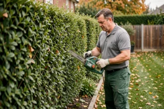 Paysagiste professionnel en train d'élaguer une haie avec une taille-haie électrique dans un jardin résidentiel en automne