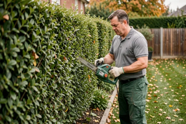 Paysagiste professionnel en train d'élaguer une haie avec une taille-haie électrique dans un jardin résidentiel en automne