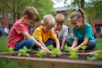 Groupe d enfants plantant des jeunes pousses dans un jardin scolaire
