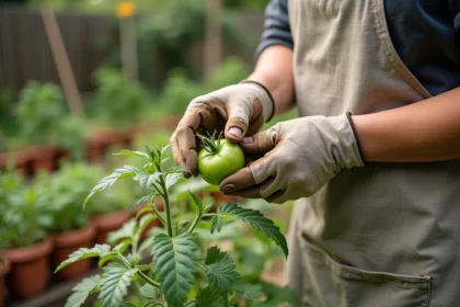 Femme jardinière qui enlève un gourmand de tomate avec ses mains gantées dans un potager