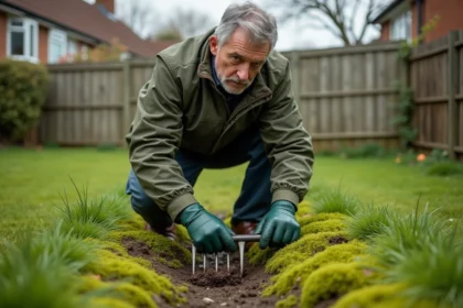 Homme utilisant un râteau scarificateur pour enlever la mousse sur une pelouse détrempée dans un jardin résidentiel