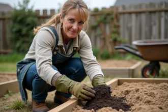 Jardinière en tablier denim enrichissant une terre pauvre de compost dans un potager bio surélevé au printemps