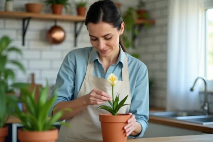 Femme entretenant un lys en pot à l'intérieur en retirant les fleurs fanées sur une table en bois