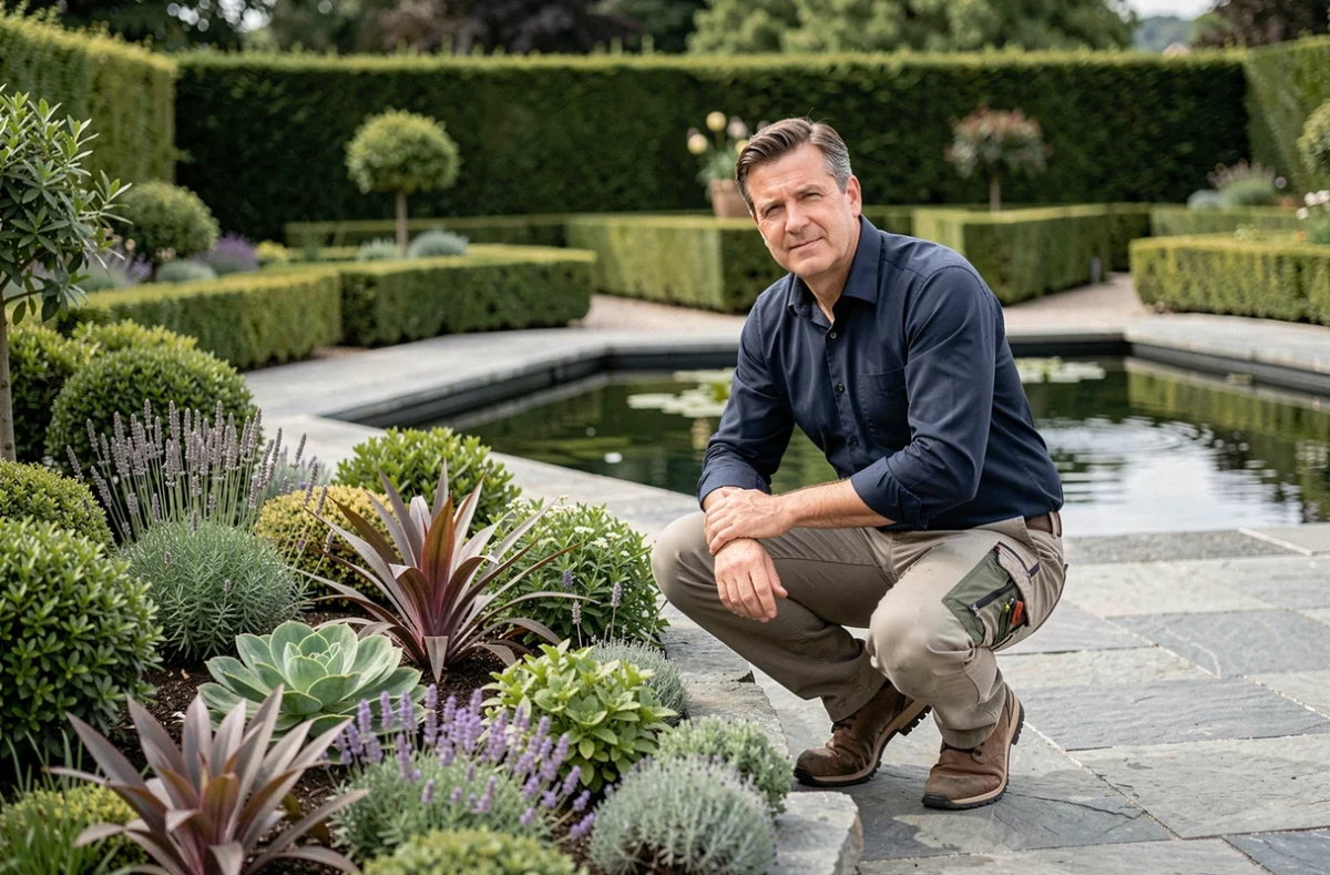 Designer paysager d'Equilibrium aménageant un jardin équilibré avec bassin et haies géométriques dans les Pyrénées-Orientales