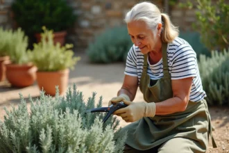 Femme taillant incorrectement une sauge arbustive avec un sécateur dans un jardin méditerranéen