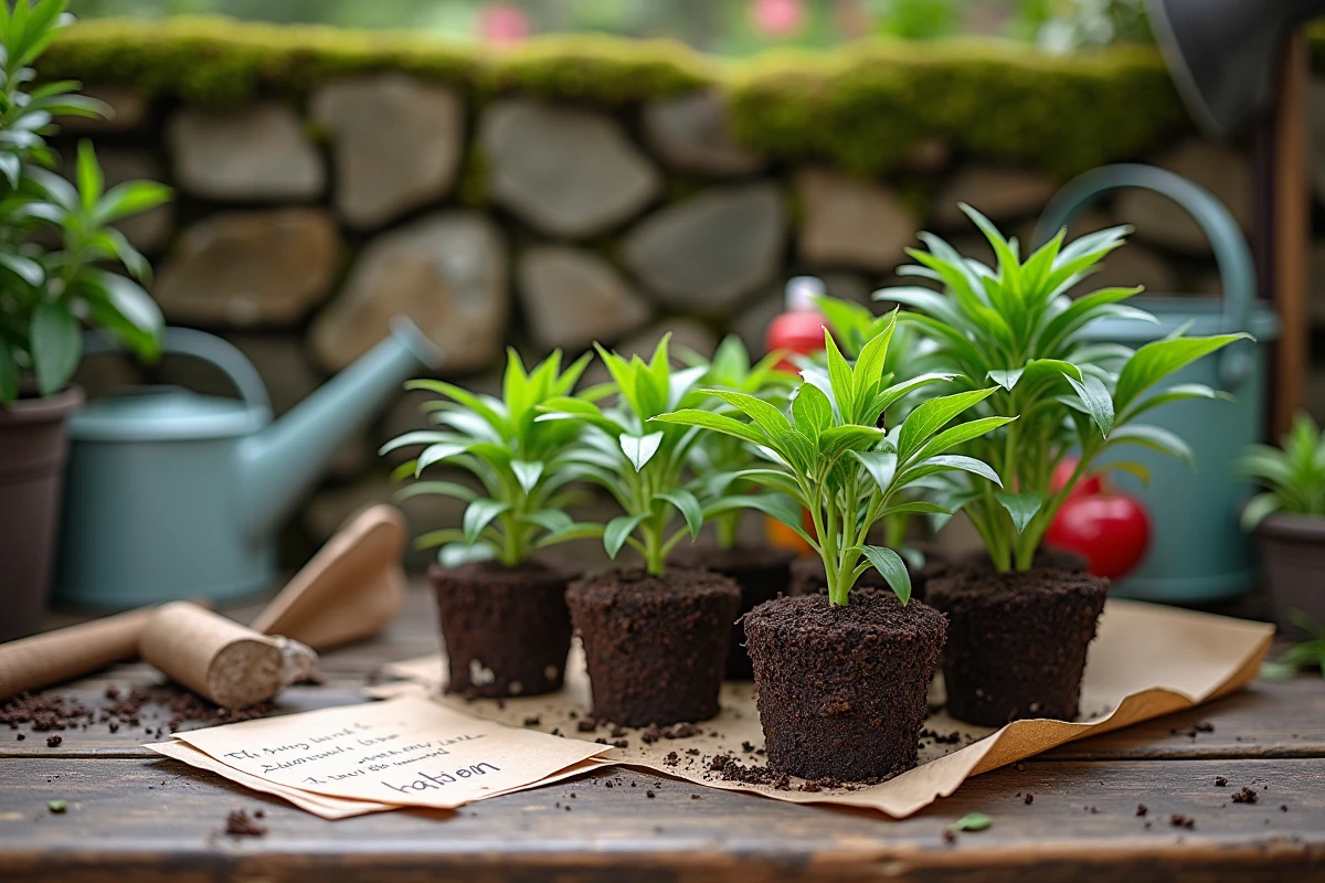 Boutures de pivoines arbustives à différents stades d'enracinement posées sur une table de rempotage en bois avec des pots étiquetés