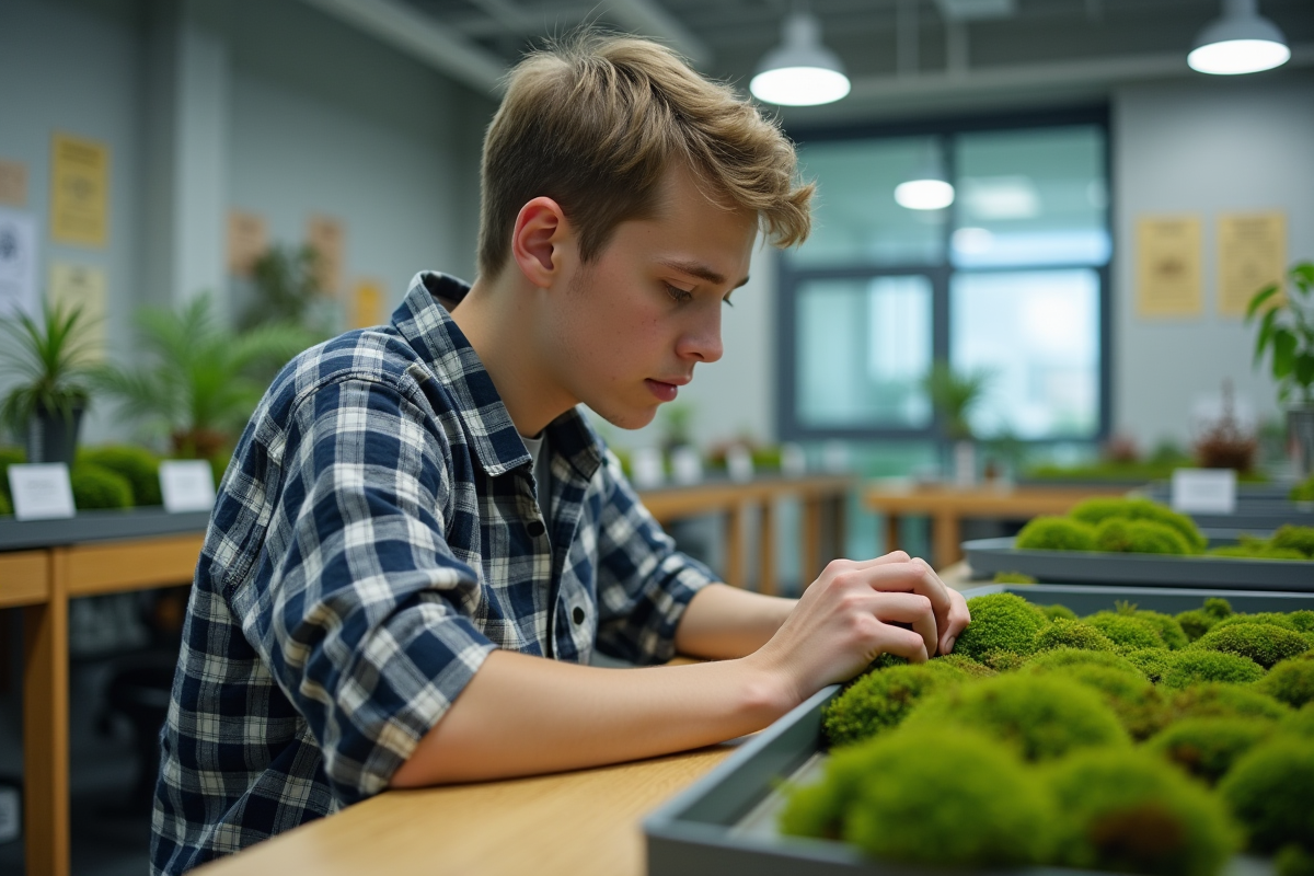 Jeune étudiant observant des mousses dans un laboratoire