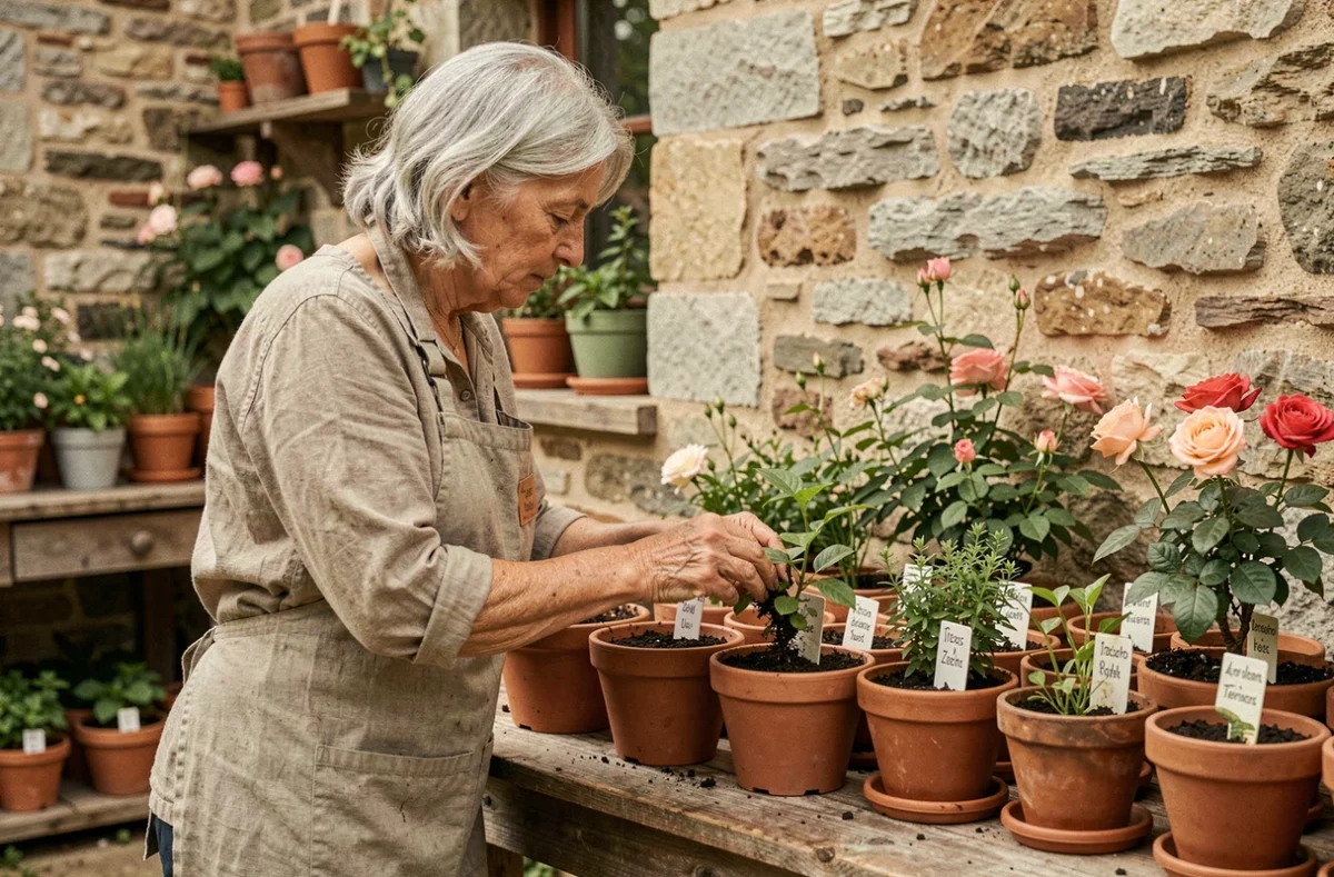 Eveline Lavernhe, pépinière artisanale à Renneville avec plantes rares et vivaces patrimoniales en pots de terre cuite sur établi en bois