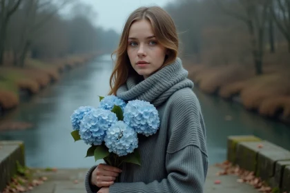 Jeune femme avec bouquet de hortensias bleus fanés
