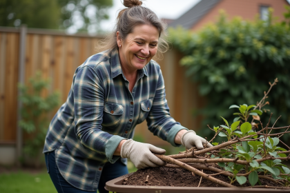 Femme souriante chargeant compost dans le jardin