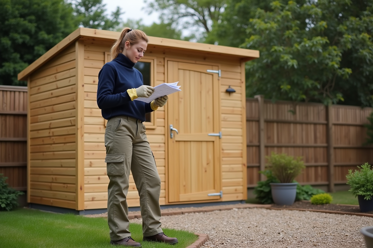 Femme vérifiant un abri de jardin en bois